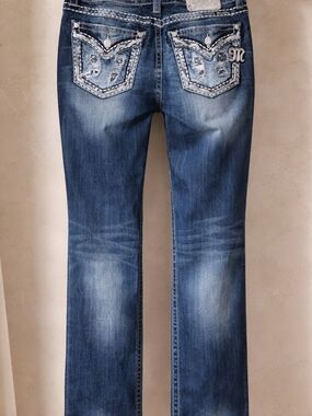 Miss Me Dark Blue Bootcut Jeans with Embellished Pockets Distressed Y2K Size 32